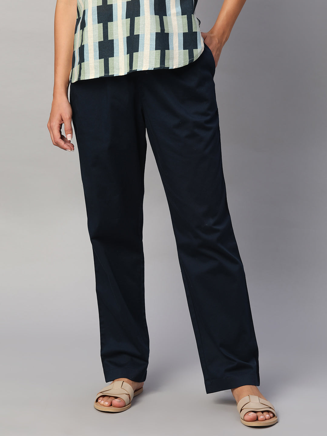 Women's Navy Cotton Lycra Regular Fit Pant