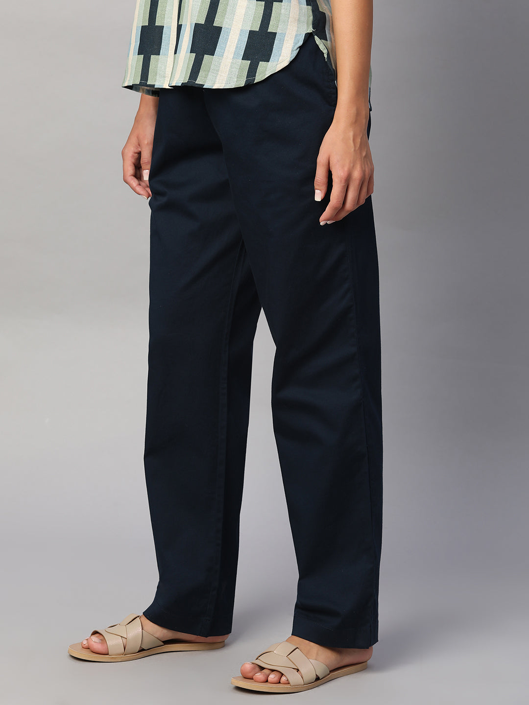 Women's Navy Cotton Lycra Regular Fit Pant