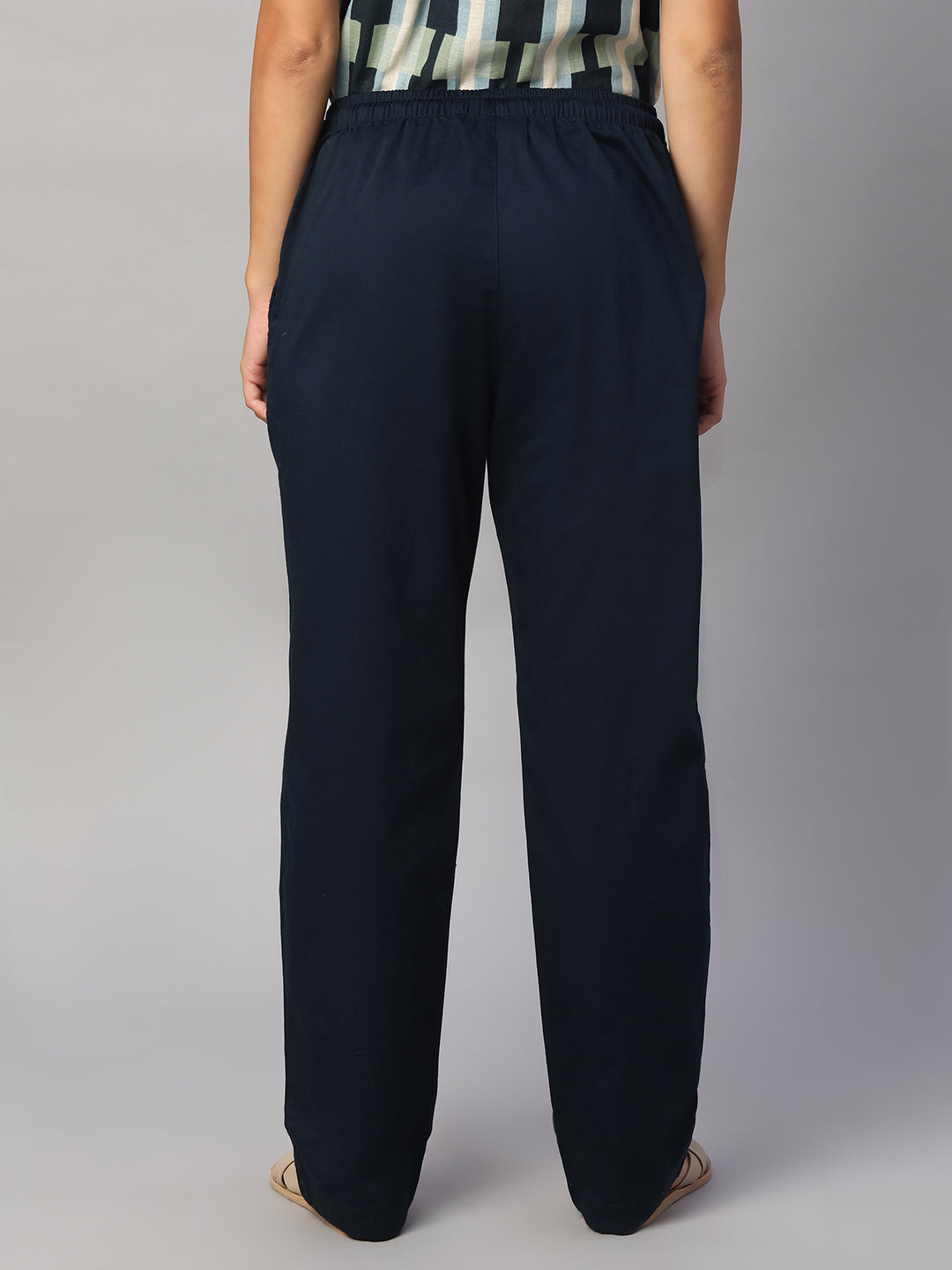 Women's Navy Cotton Lycra Regular Fit Pant