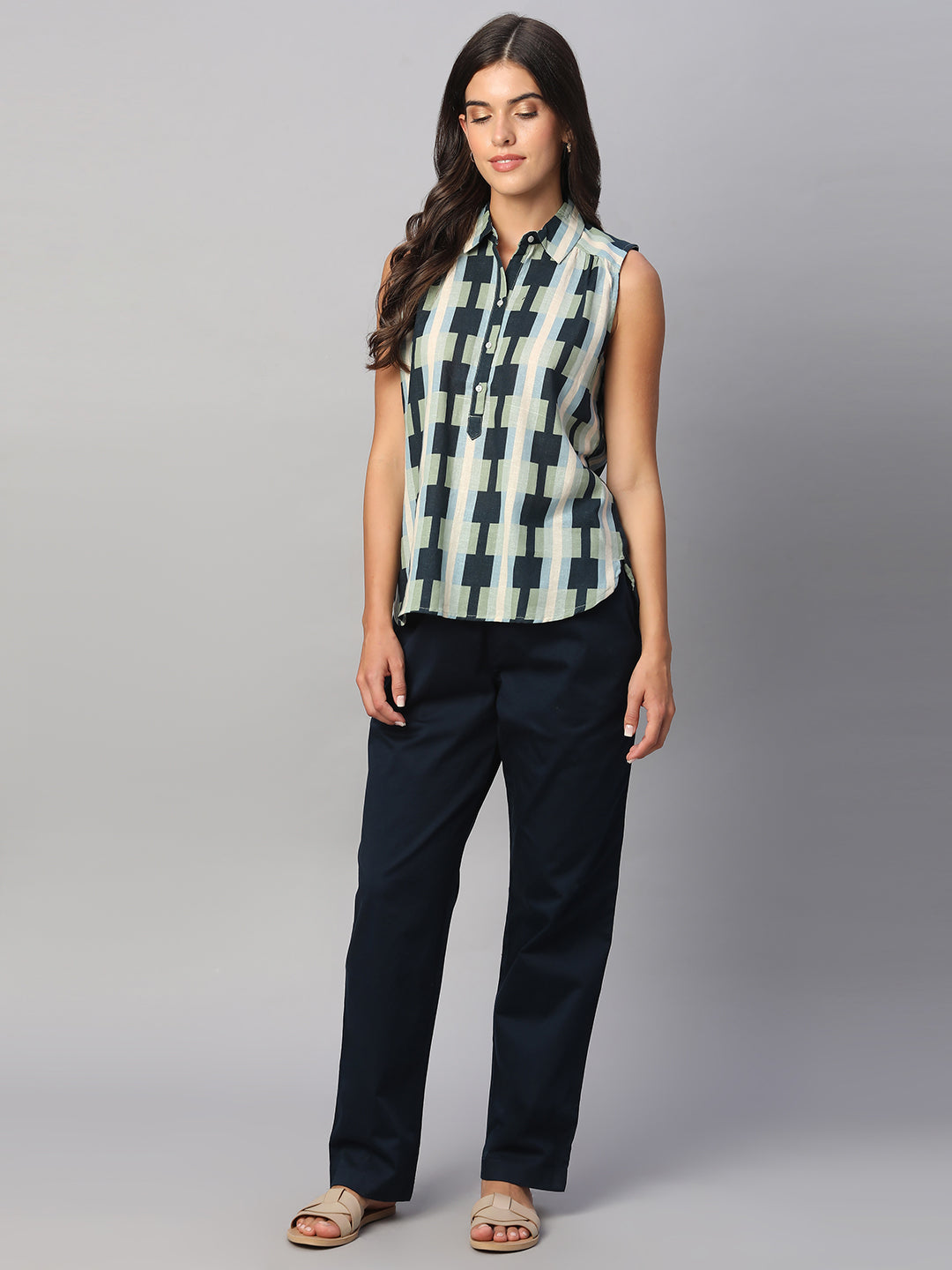 Women's Navy Cotton Lycra Regular Fit Pant