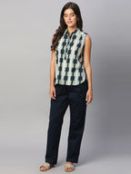 Women's Navy Cotton Lycra Regular Fit Pant