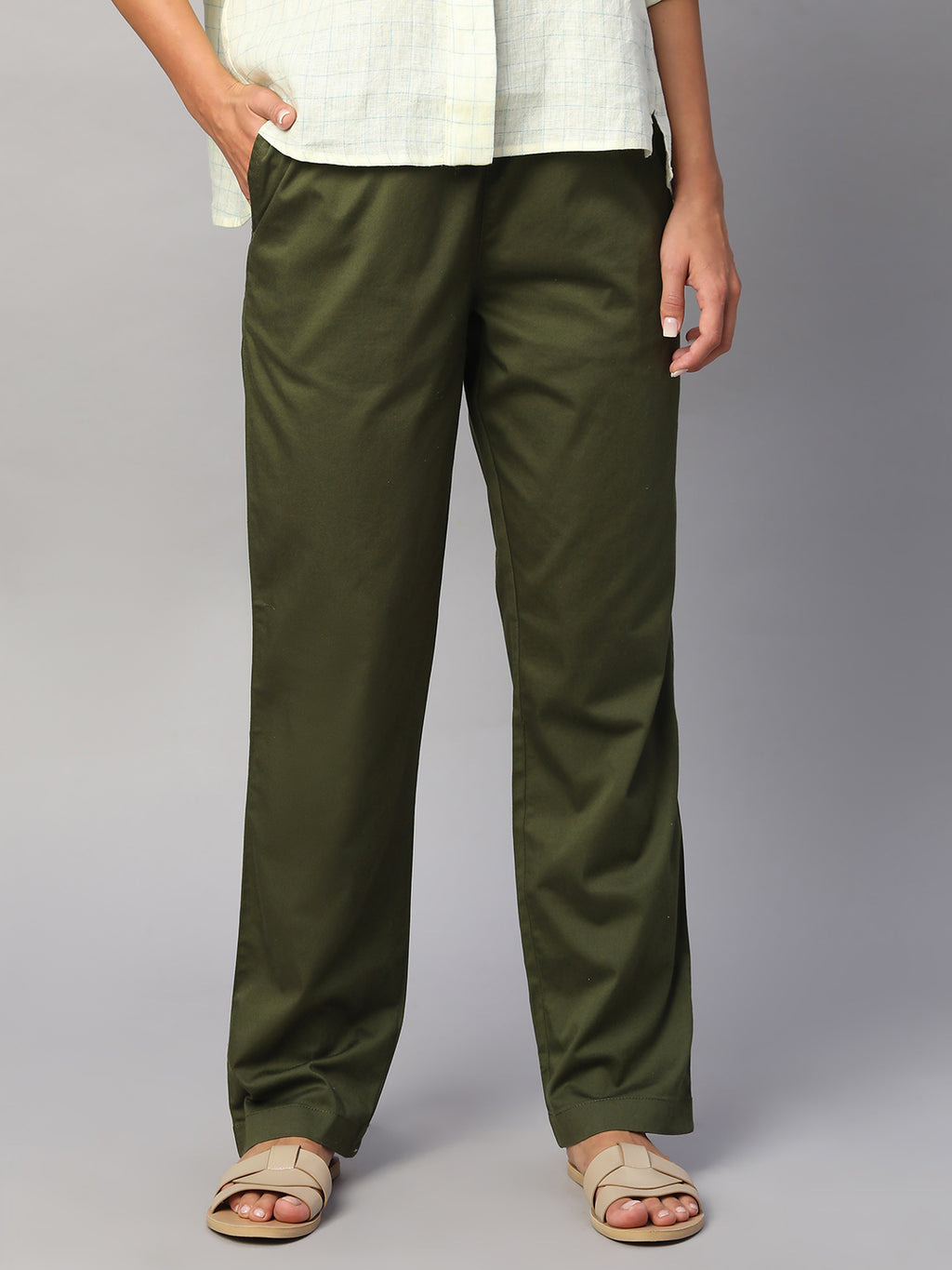 Women's Olive Cotton Lycra Regular Fit Pant