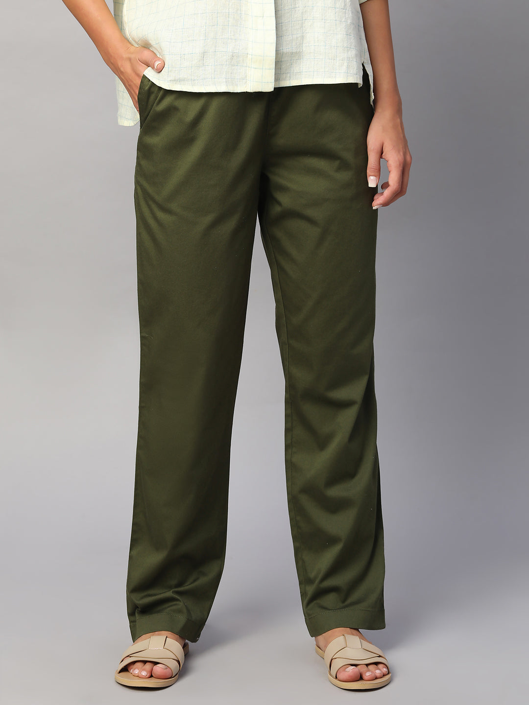 Women's Olive Cotton Lycra Regular Fit Pant