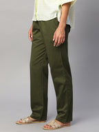 Women's Olive Cotton Lycra Regular Fit Pant