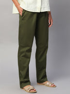 Women's Olive Cotton Lycra Regular Fit Pant
