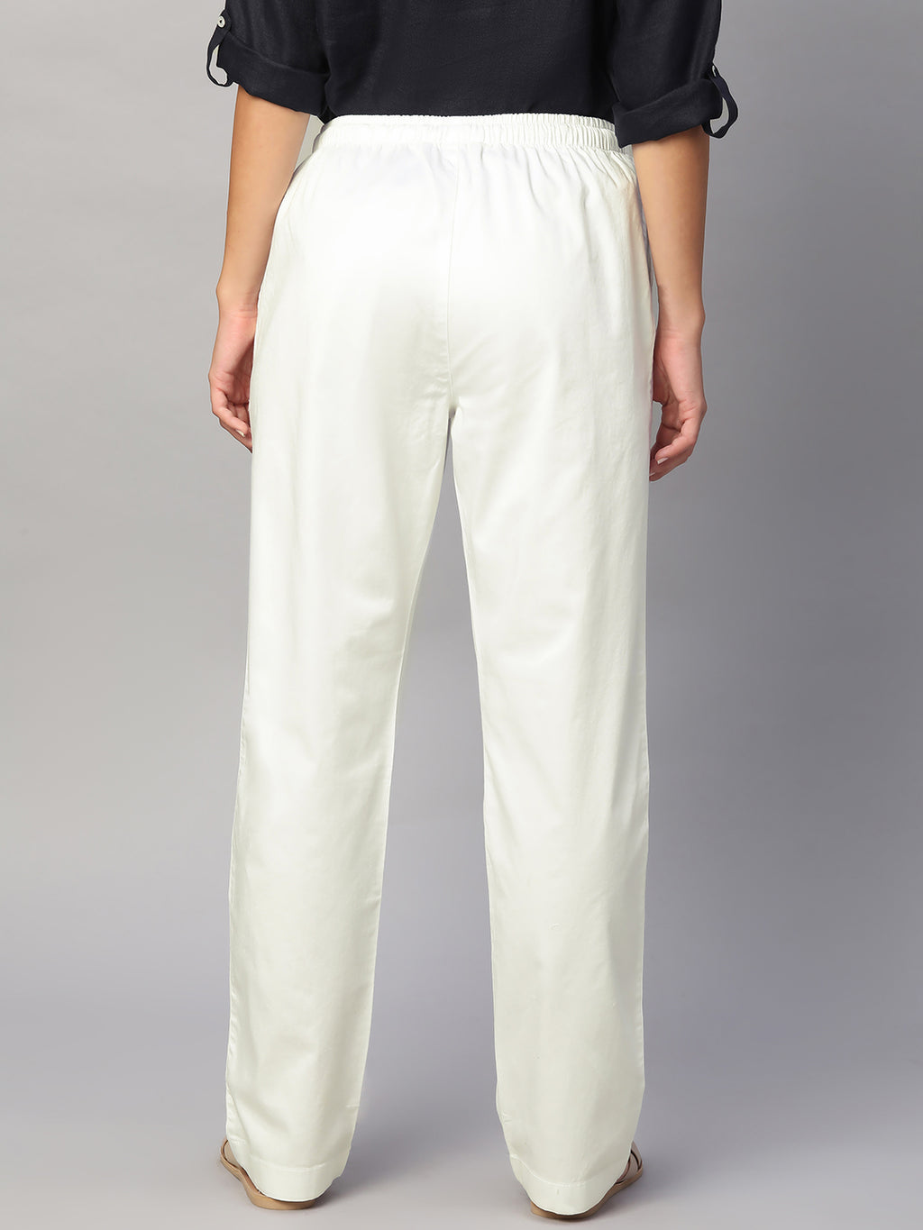 Women's White Cotton Lycra Regular Fit Pant