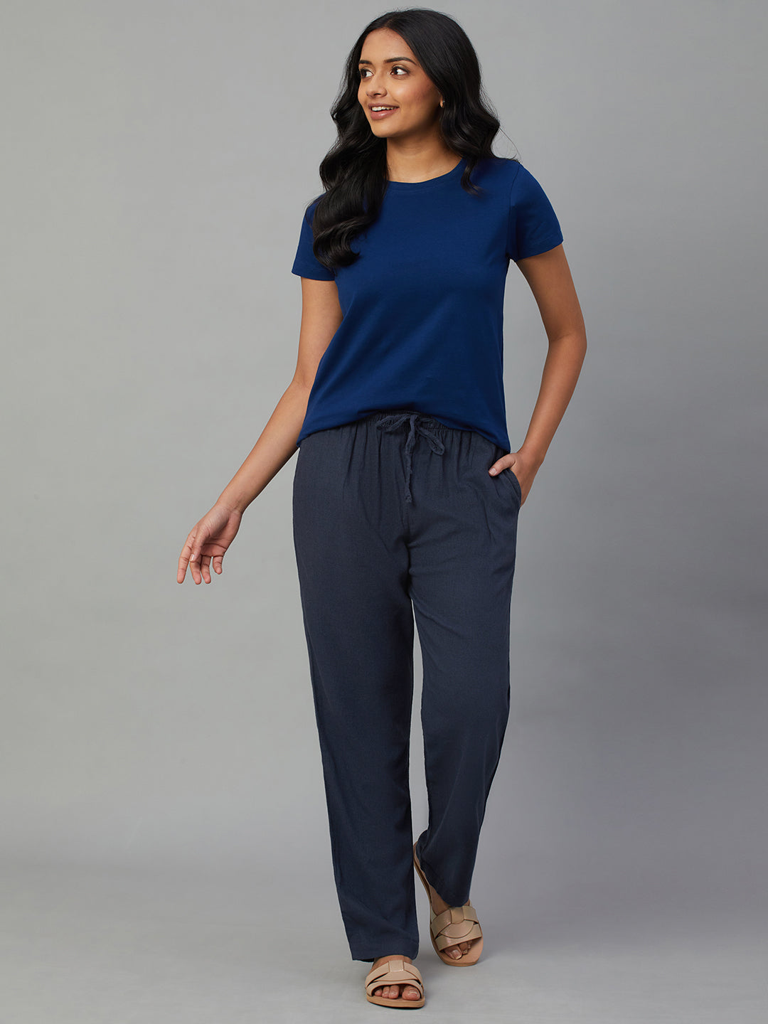 Women's Grey Linen Viscose Regular Fit Pant