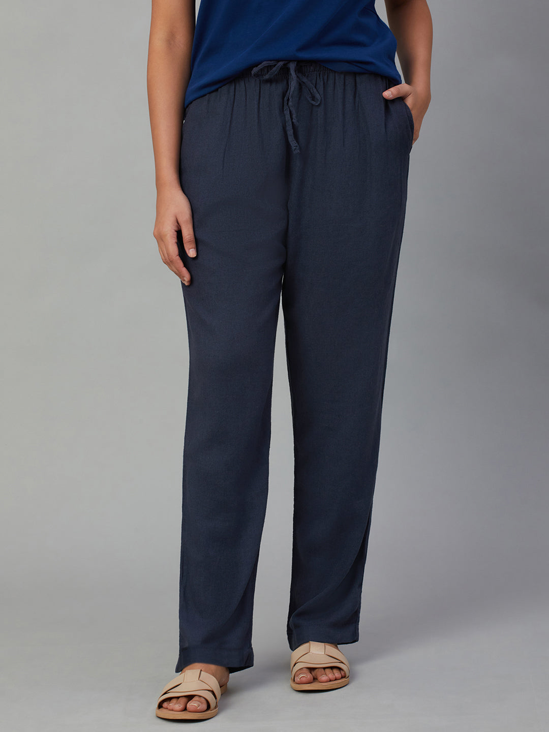 Women's Grey Linen Viscose Regular Fit Pant