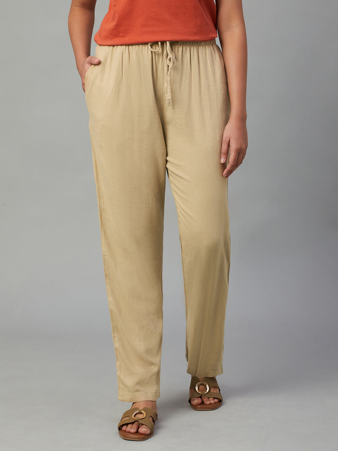 Women's Khaki Linen Viscose Regular Fit Pant