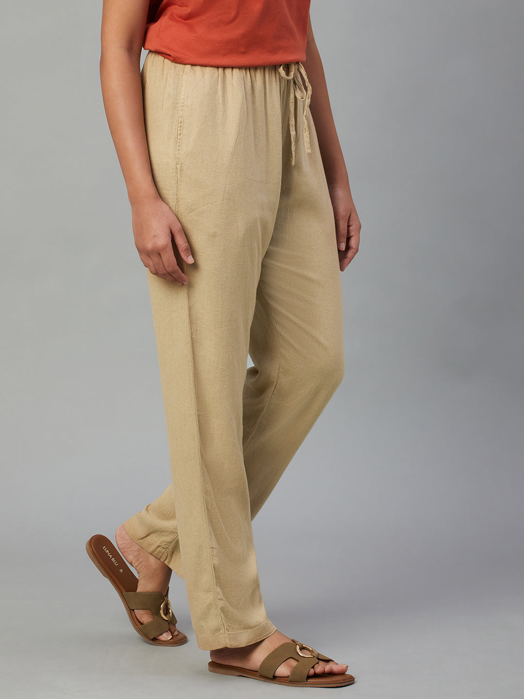 Women's Khaki Linen Viscose Regular Fit Pant