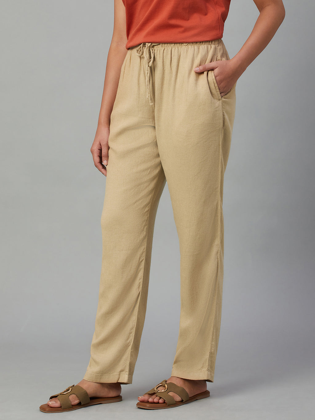 Women's Khaki Linen Viscose Regular Fit Pant
