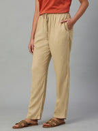 Women's Khaki Linen Viscose Regular Fit Pant