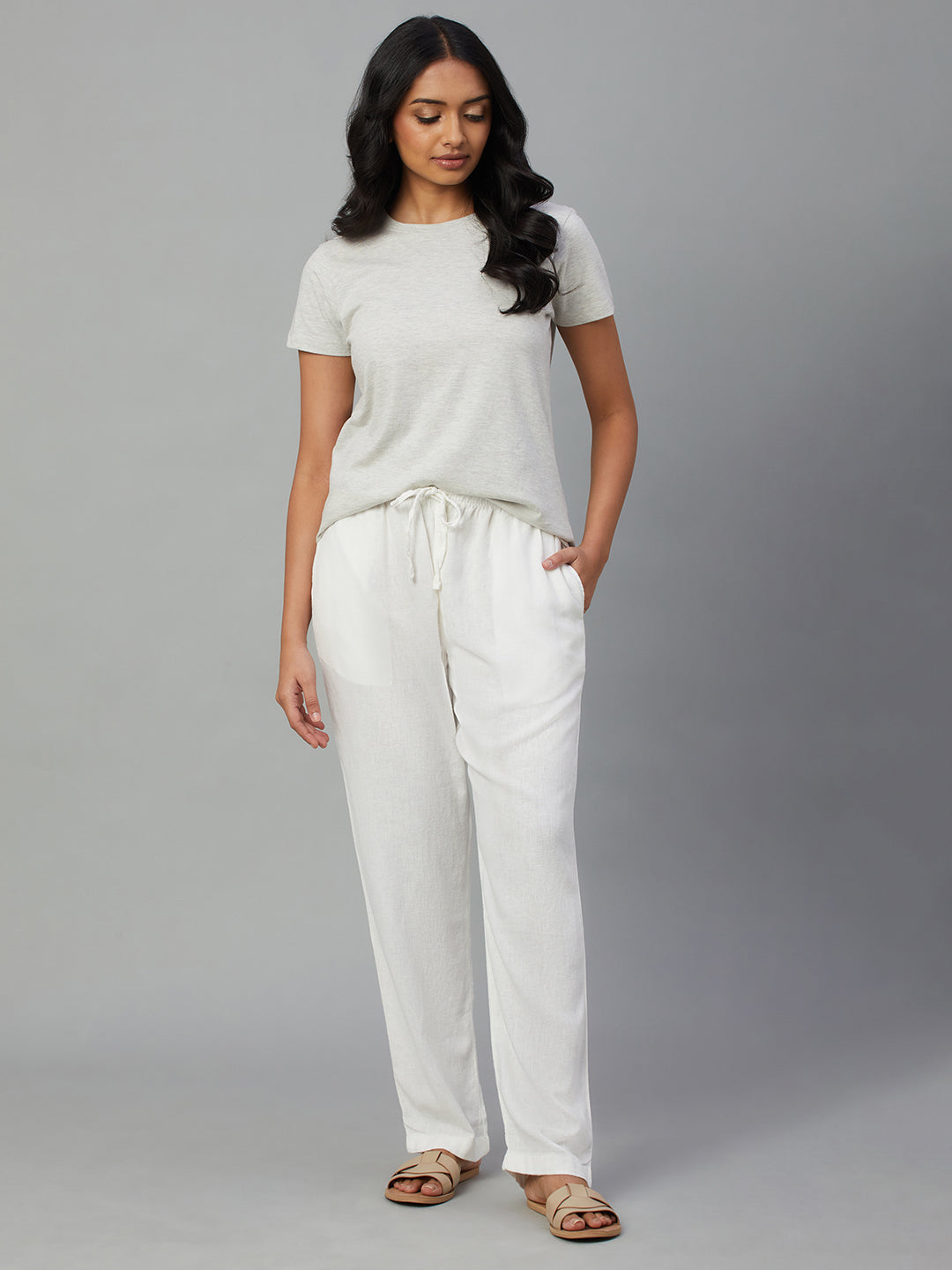 Women's White Linen Viscose Regular Fit Pant