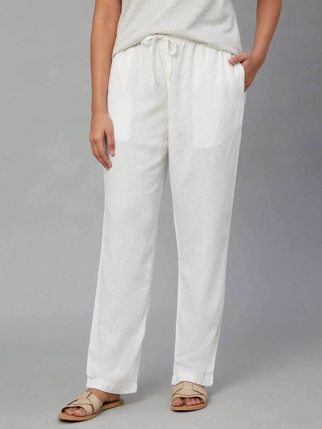 Women's White Linen Viscose Regular Fit Pant