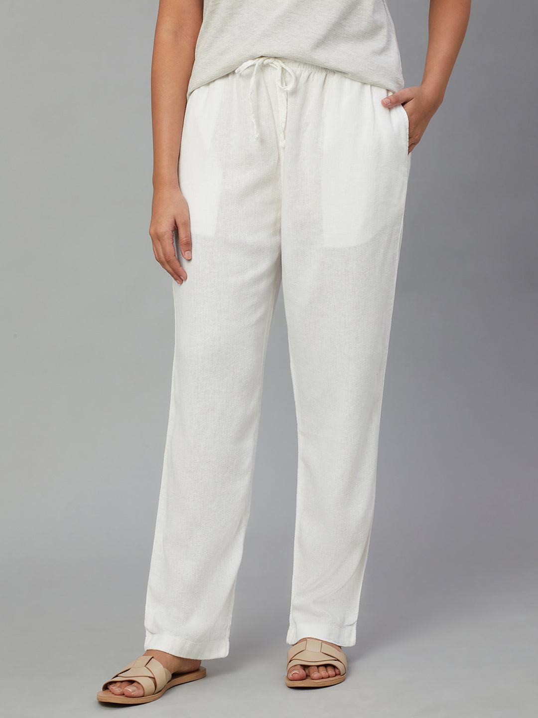 Women's White Linen Viscose Regular Fit Pant