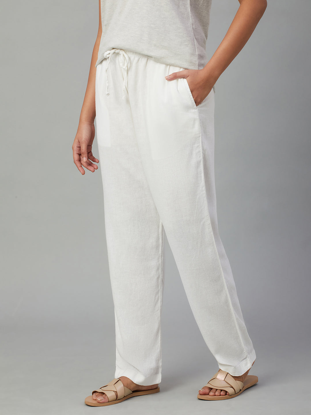 Women's White Linen Viscose Regular Fit Pant