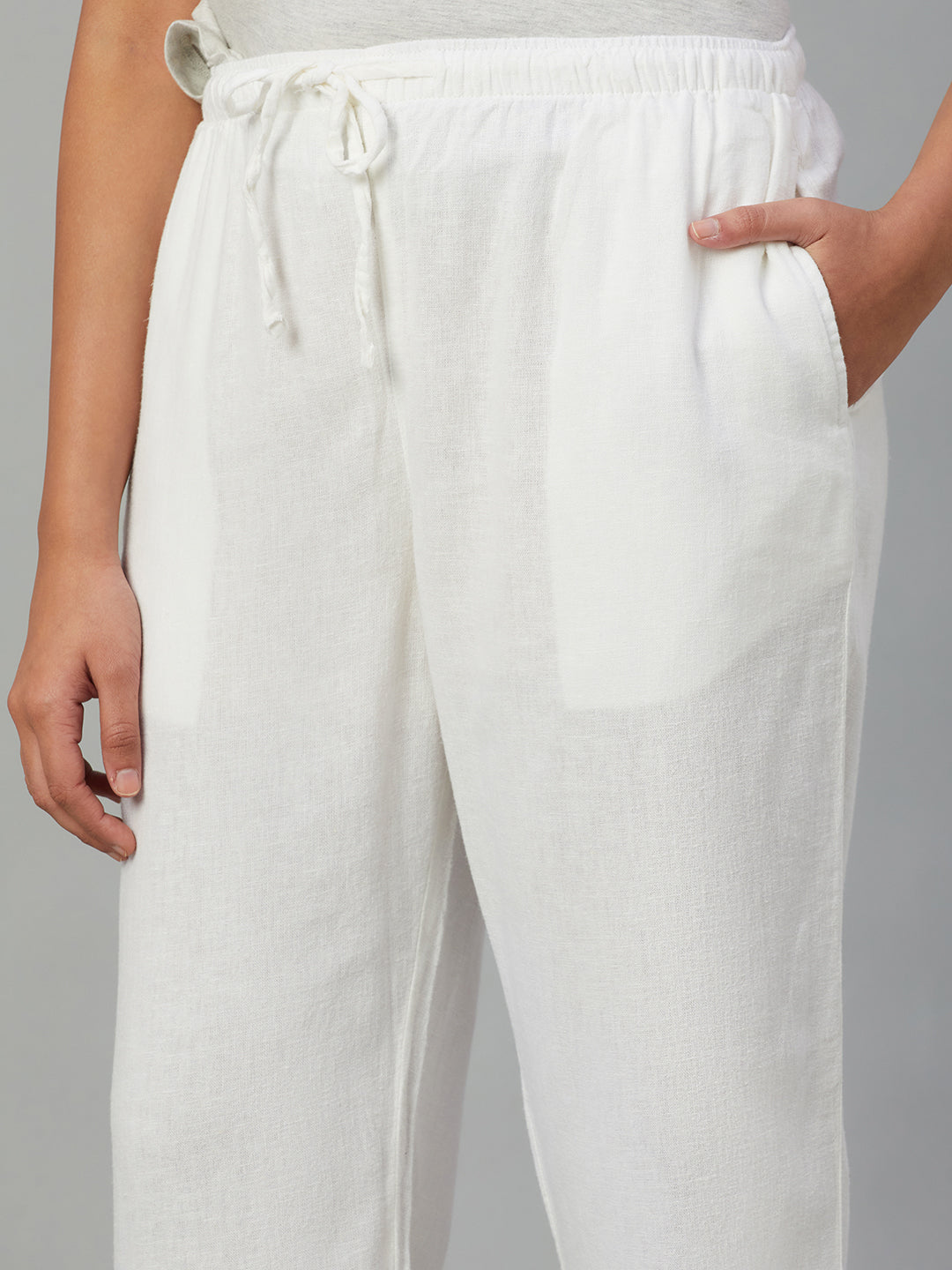 Women's White Linen Viscose Regular Fit Pant