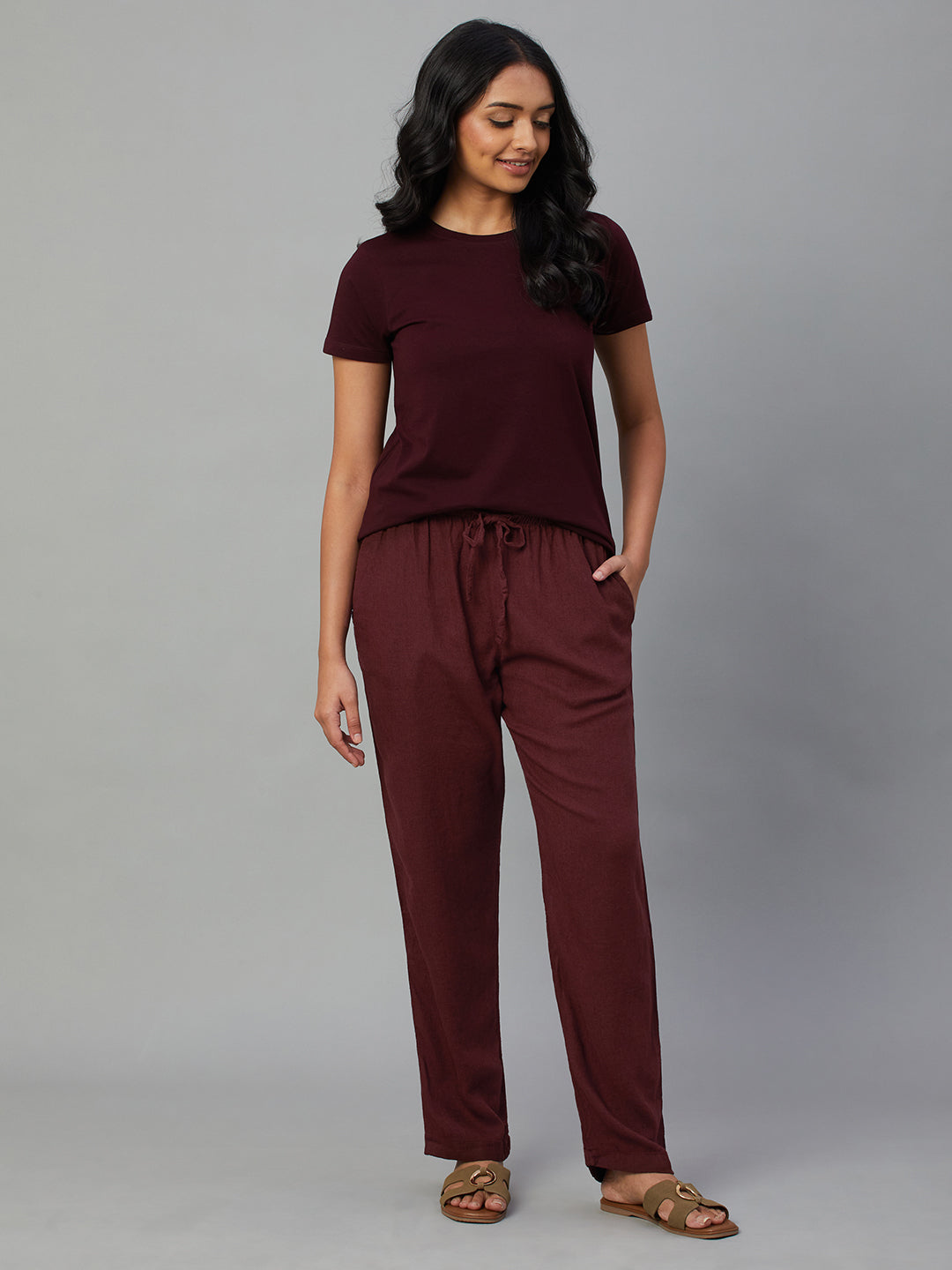 Women's Wine Linen Viscose Regular Fit Pant