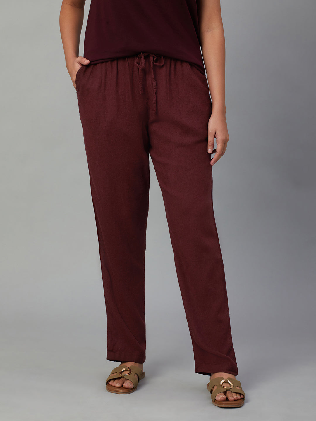 Women's Wine Linen Viscose Regular Fit Pant