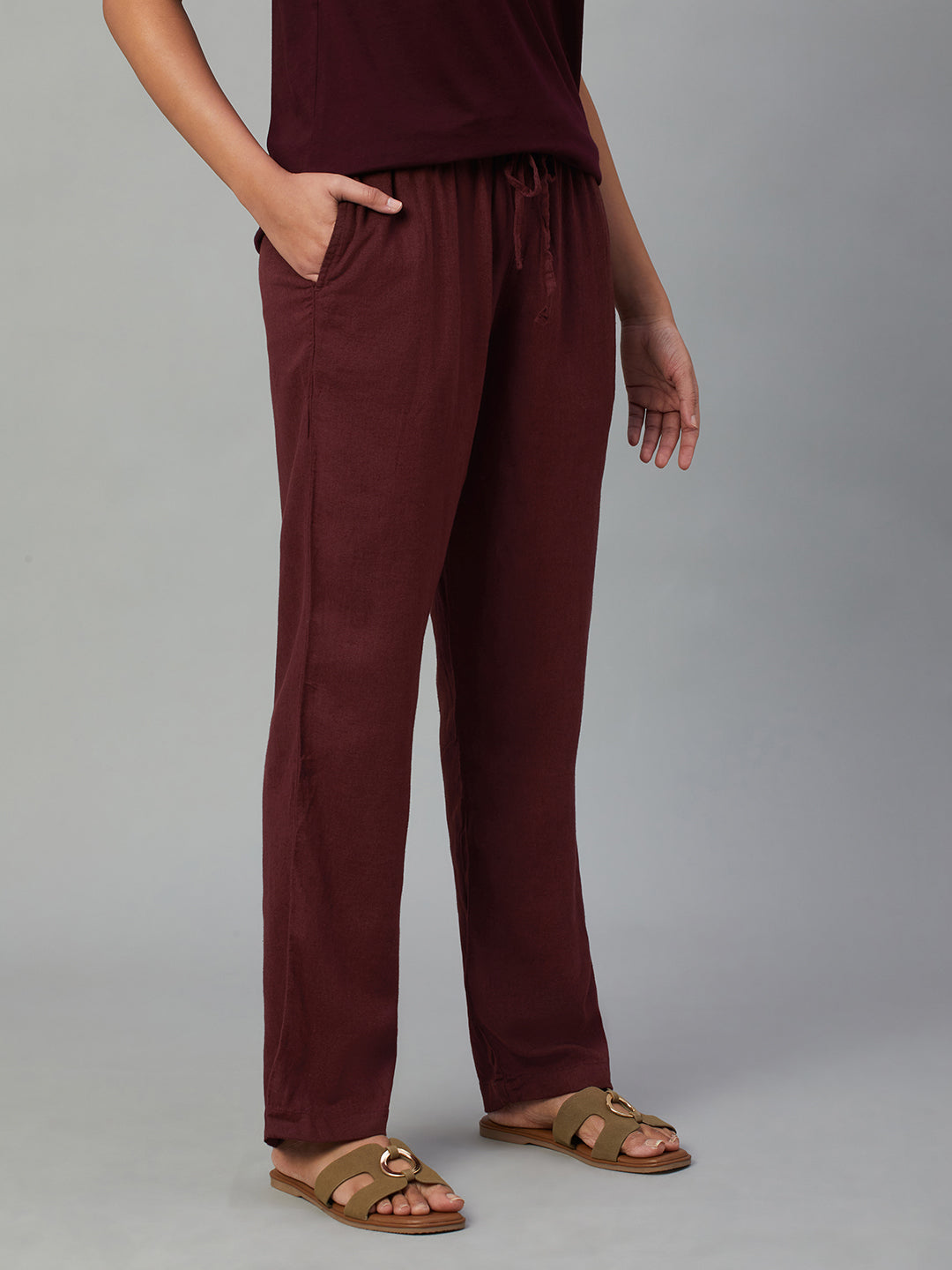 Women's Wine Linen Viscose Regular Fit Pant