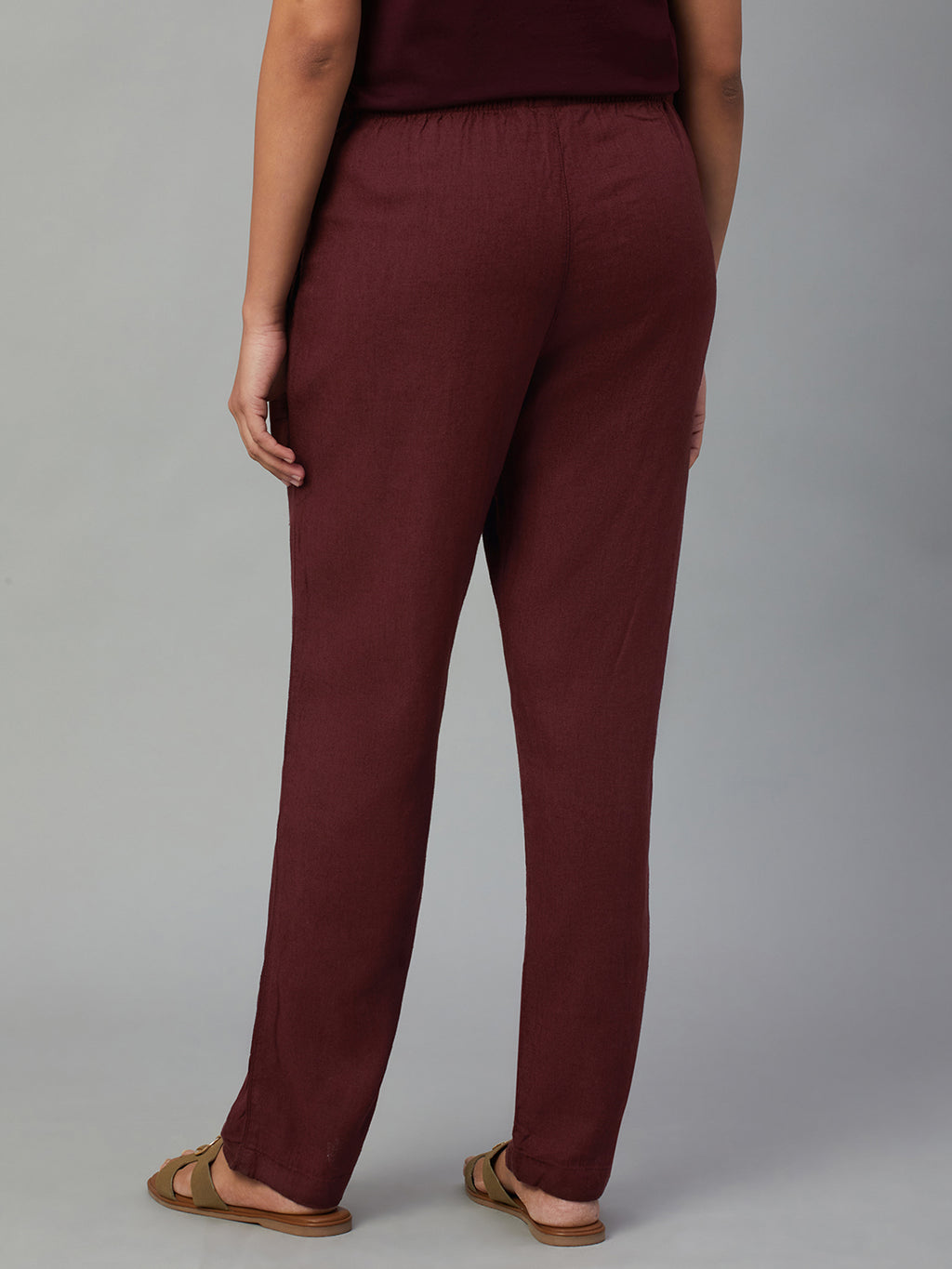 Women's Wine Linen Viscose Regular Fit Pant