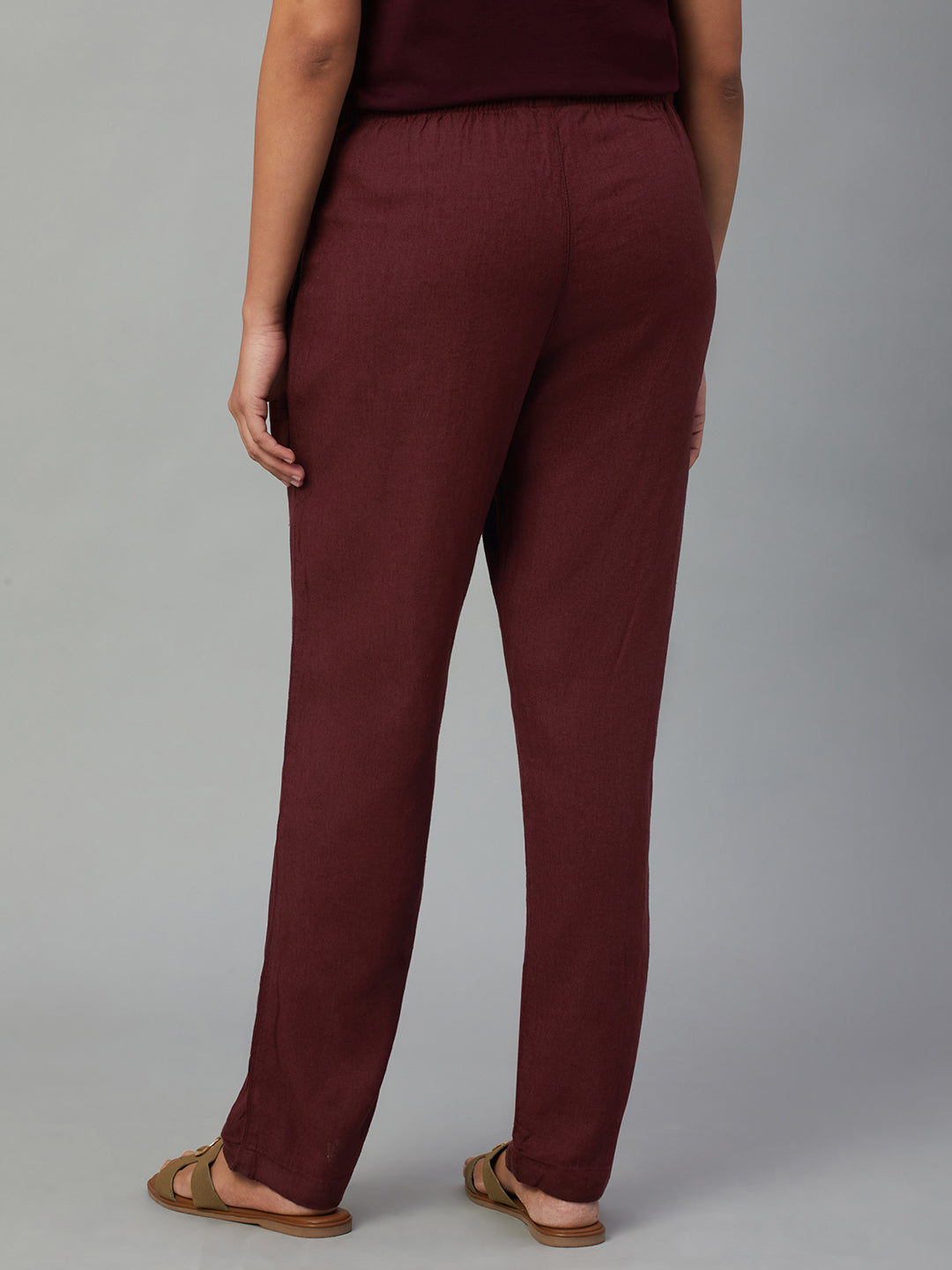 Women's Wine Linen Viscose Regular Fit Pant