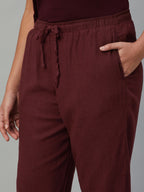 Women's Wine Linen Viscose Regular Fit Pant