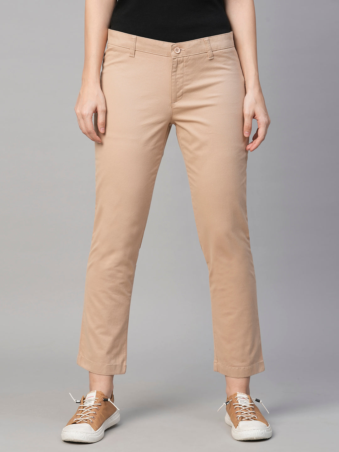 Women's Beige Cotton Lycra Regular Fit Pant