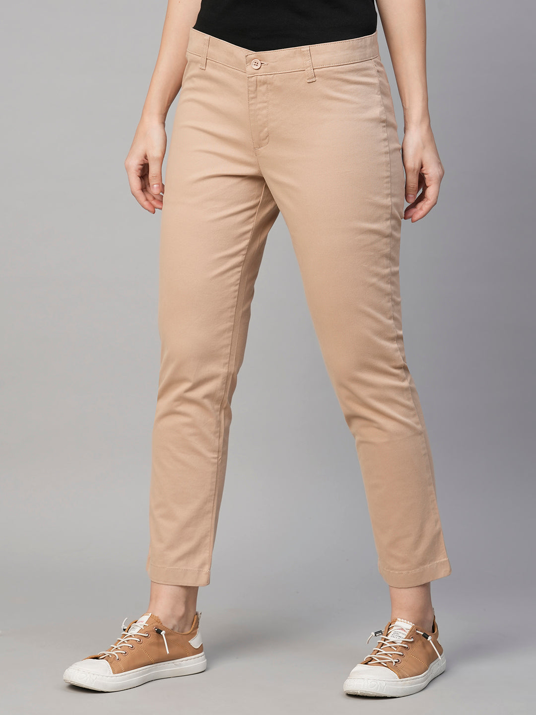 Women's Cotton Lycra Beige Regular Fit Pant
