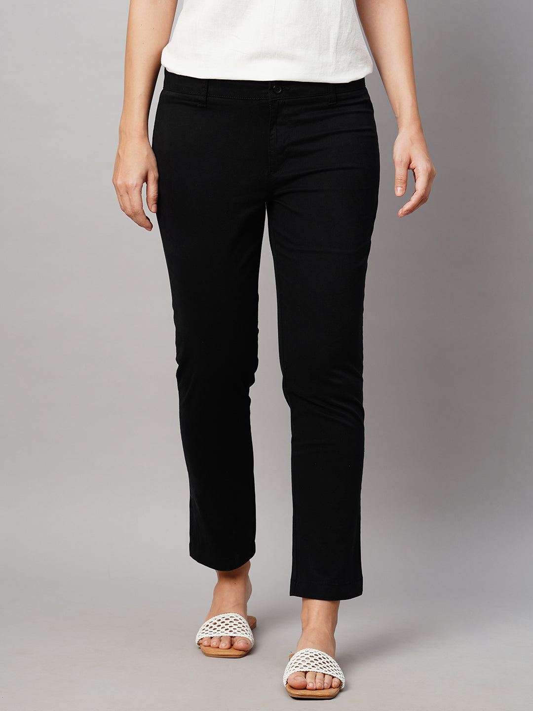 Women's Black Cotton Lycra Regular Fit Pant