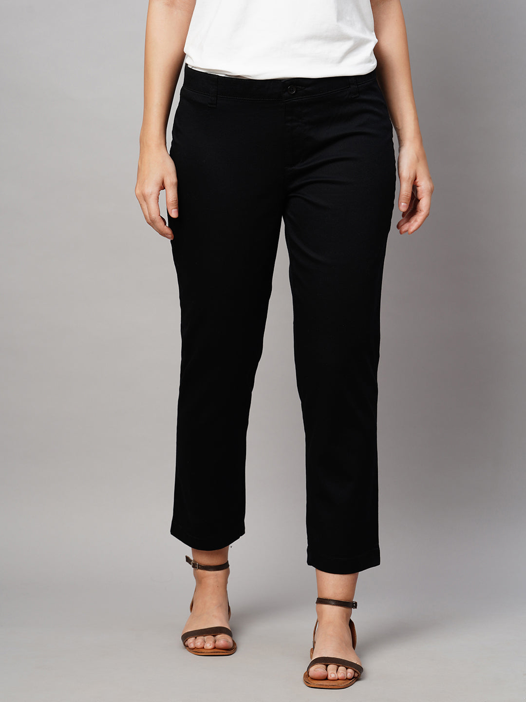 Women's Black Cotton Lycra Regular Fit Pant