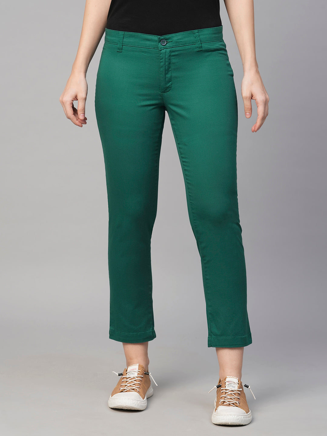 Women's Green Cotton Lycra Regular Fit Pant