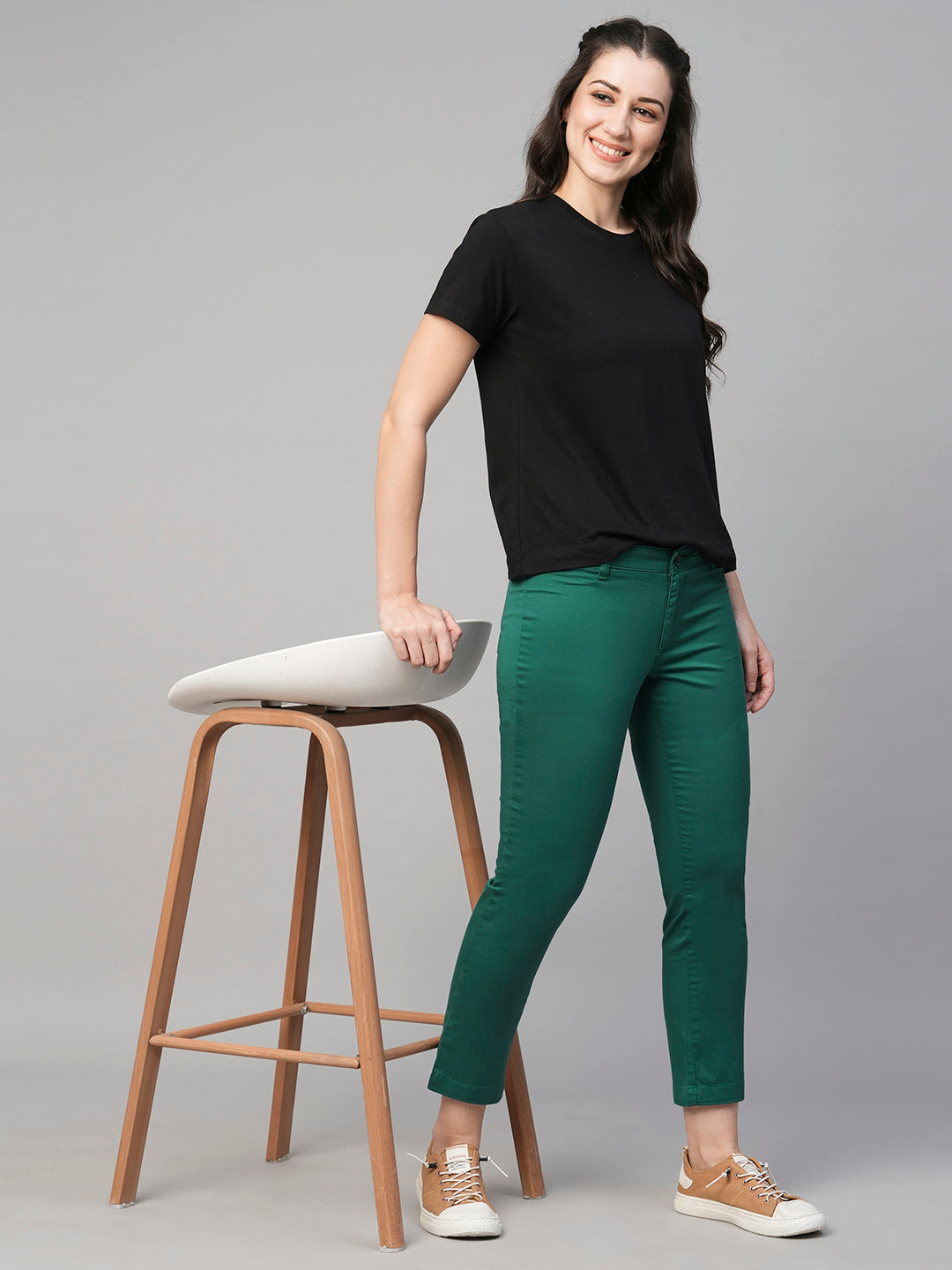 Women's Cotton Lycra Green Regular Fit Pant
