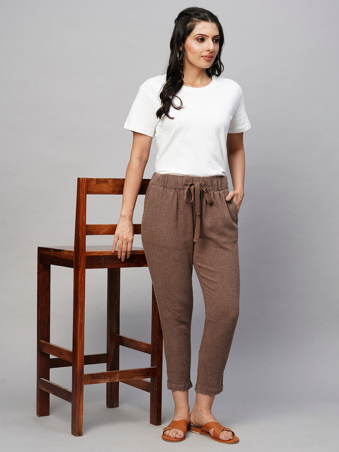 Women's Linen Cotton Brown Regular Fit Pant