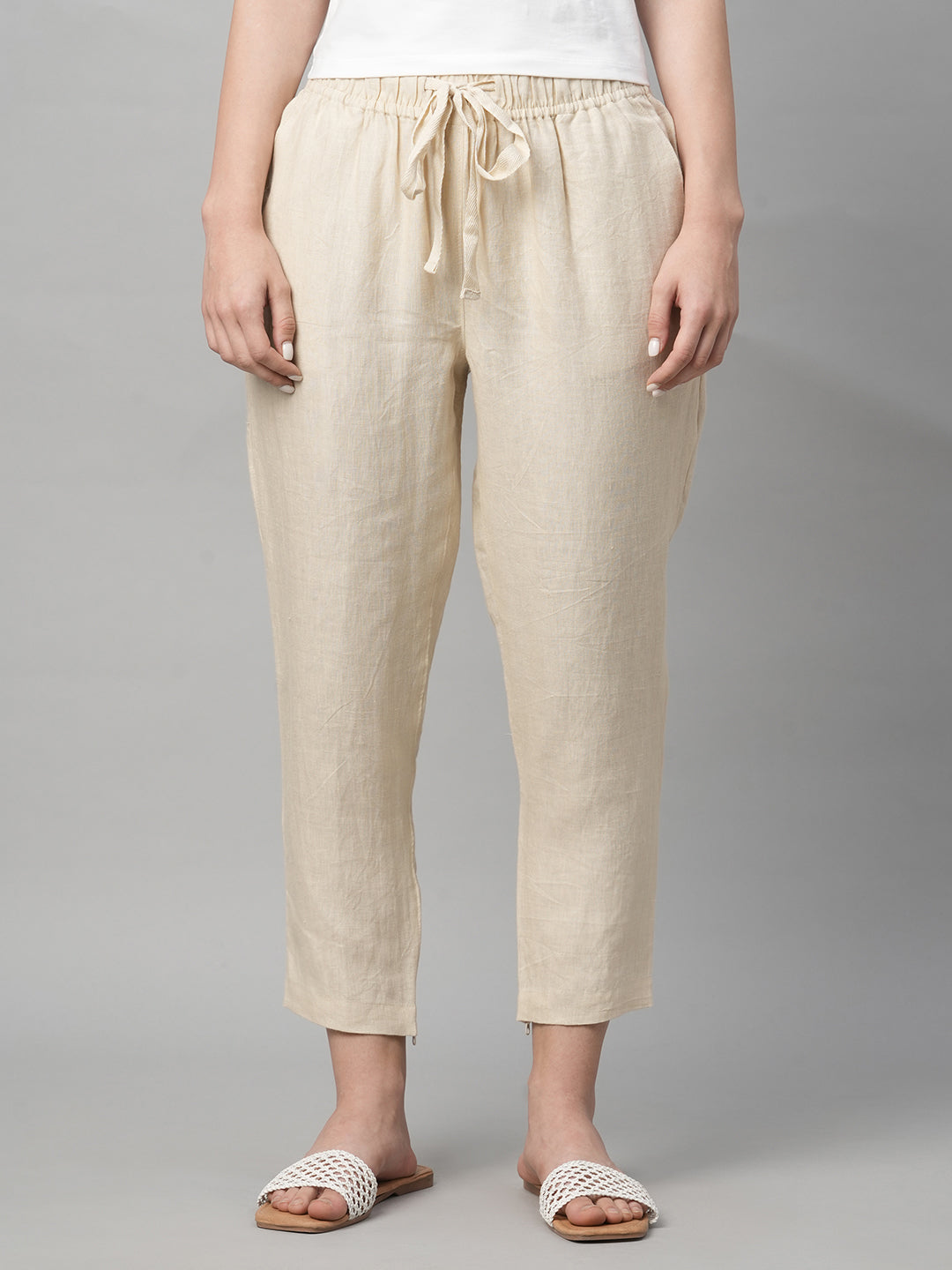 Women's Beige Linen Regular Fit Pant