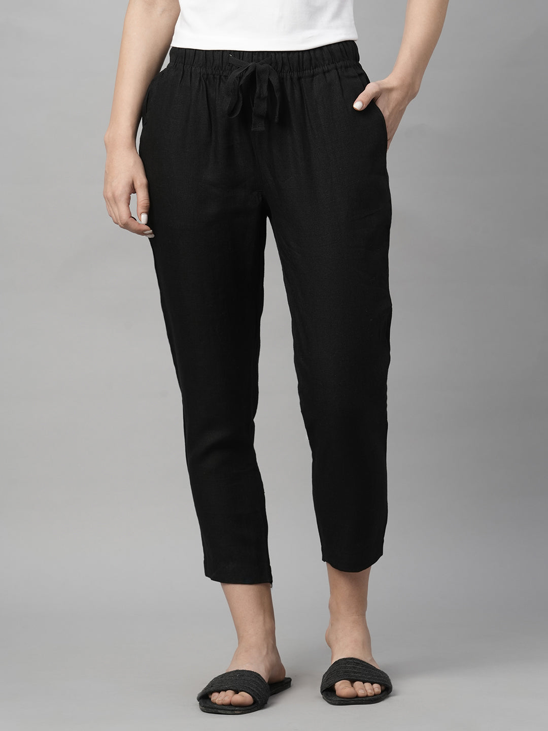 Women's Black Linen Regular Fit Pant