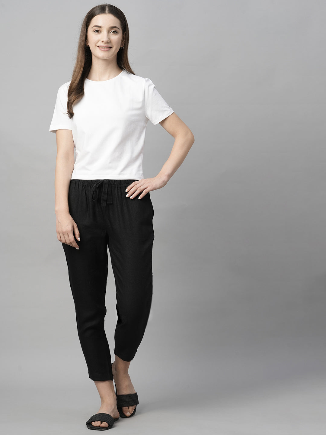 Women's Black Linen Regular Fit Pant