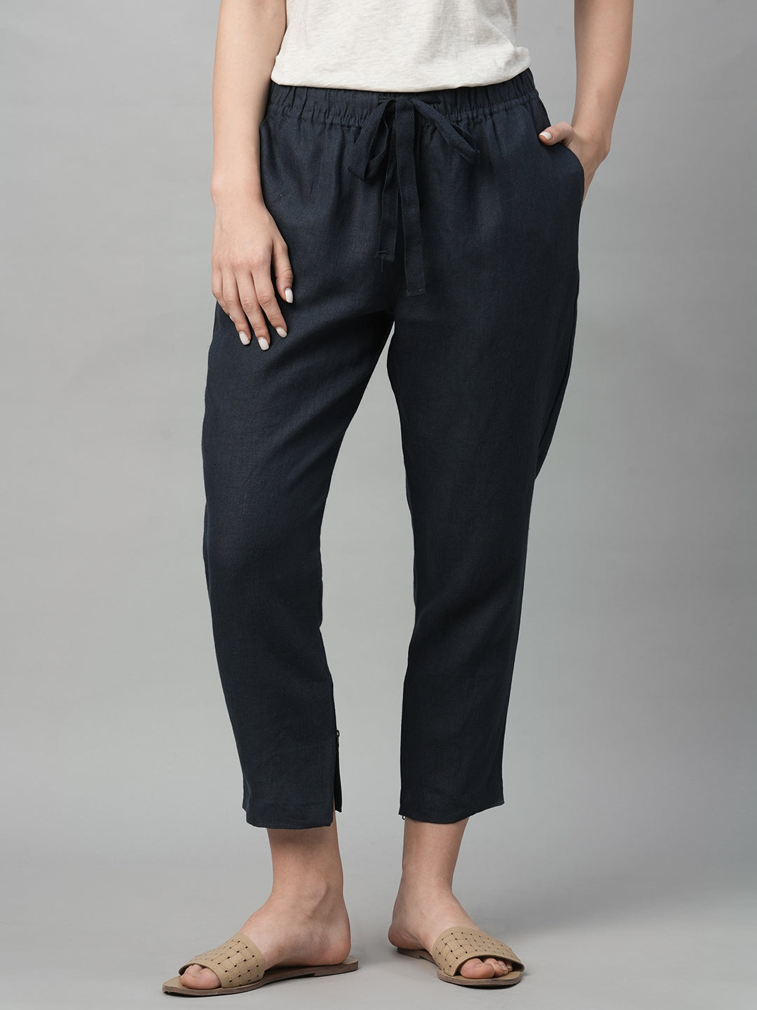 Women's Navy Linen Regular Fit Pant