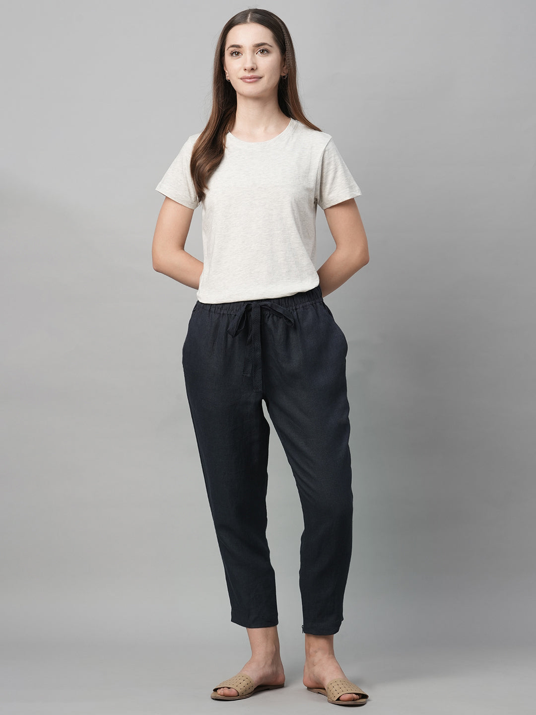 Women's Navy Linen Regular Fit Pant