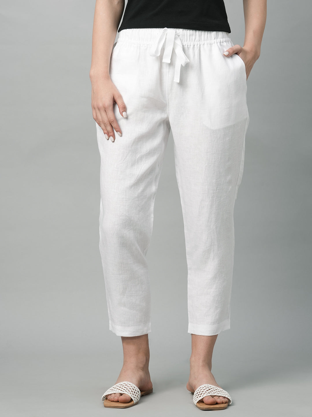 Women's White Linen Regular Fit Pant