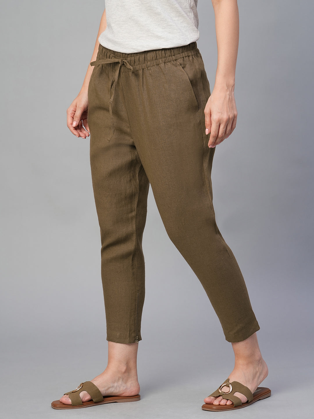 Women's Brown 100% Linen Slim Fit Pant