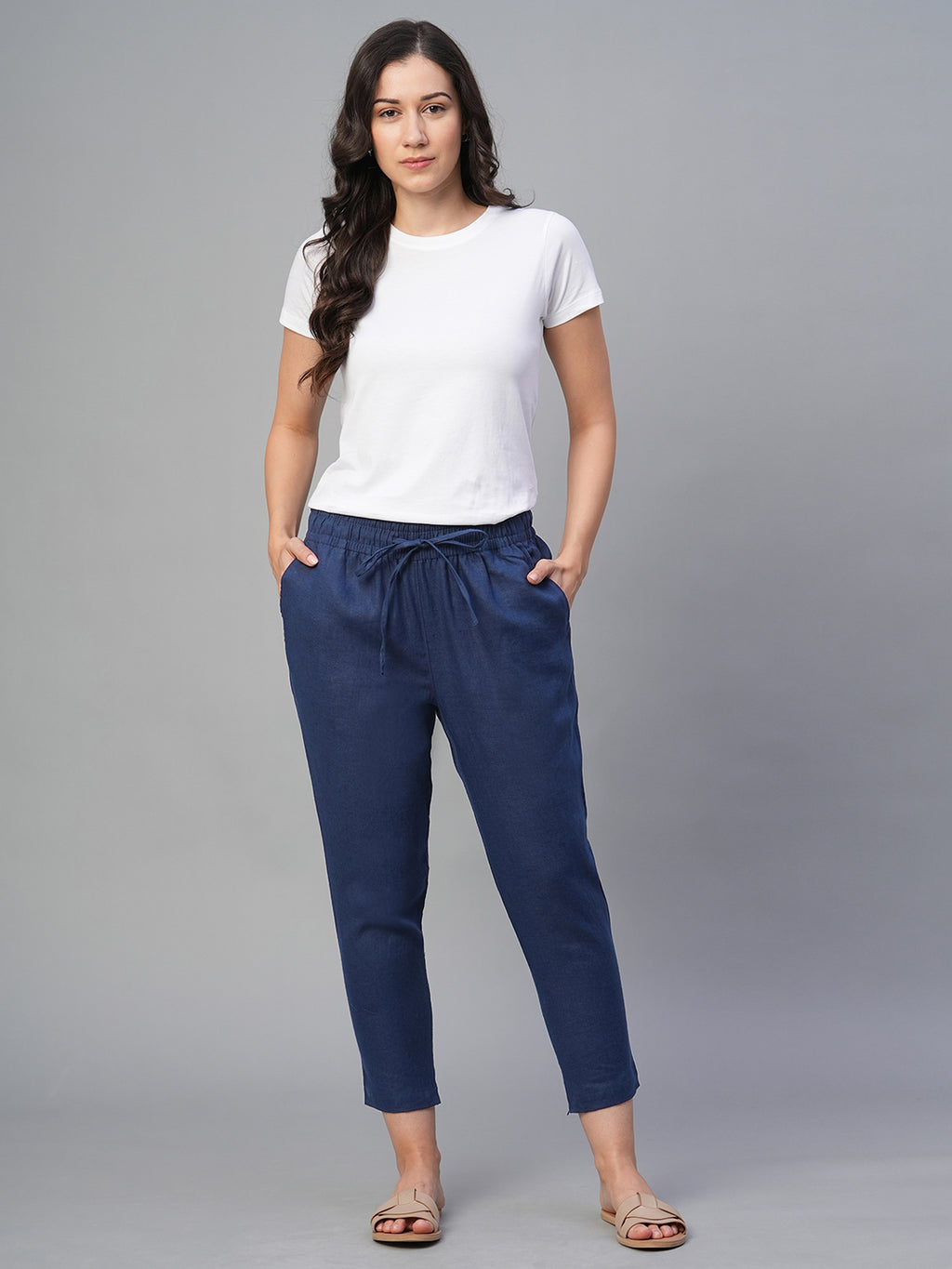 Women's Navy 100% Linen Slim Fit Pant