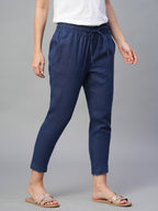 Women's Navy 100% Linen Slim Fit Pant