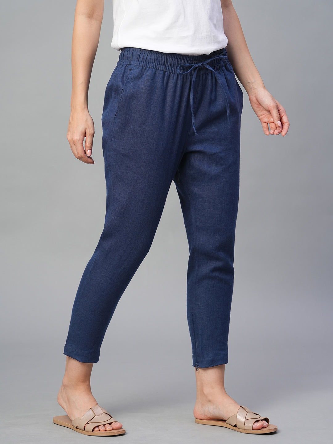 Women's Navy 100% Linen Slim Fit Pant