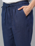 Women's Navy 100% Linen Slim Fit Pant