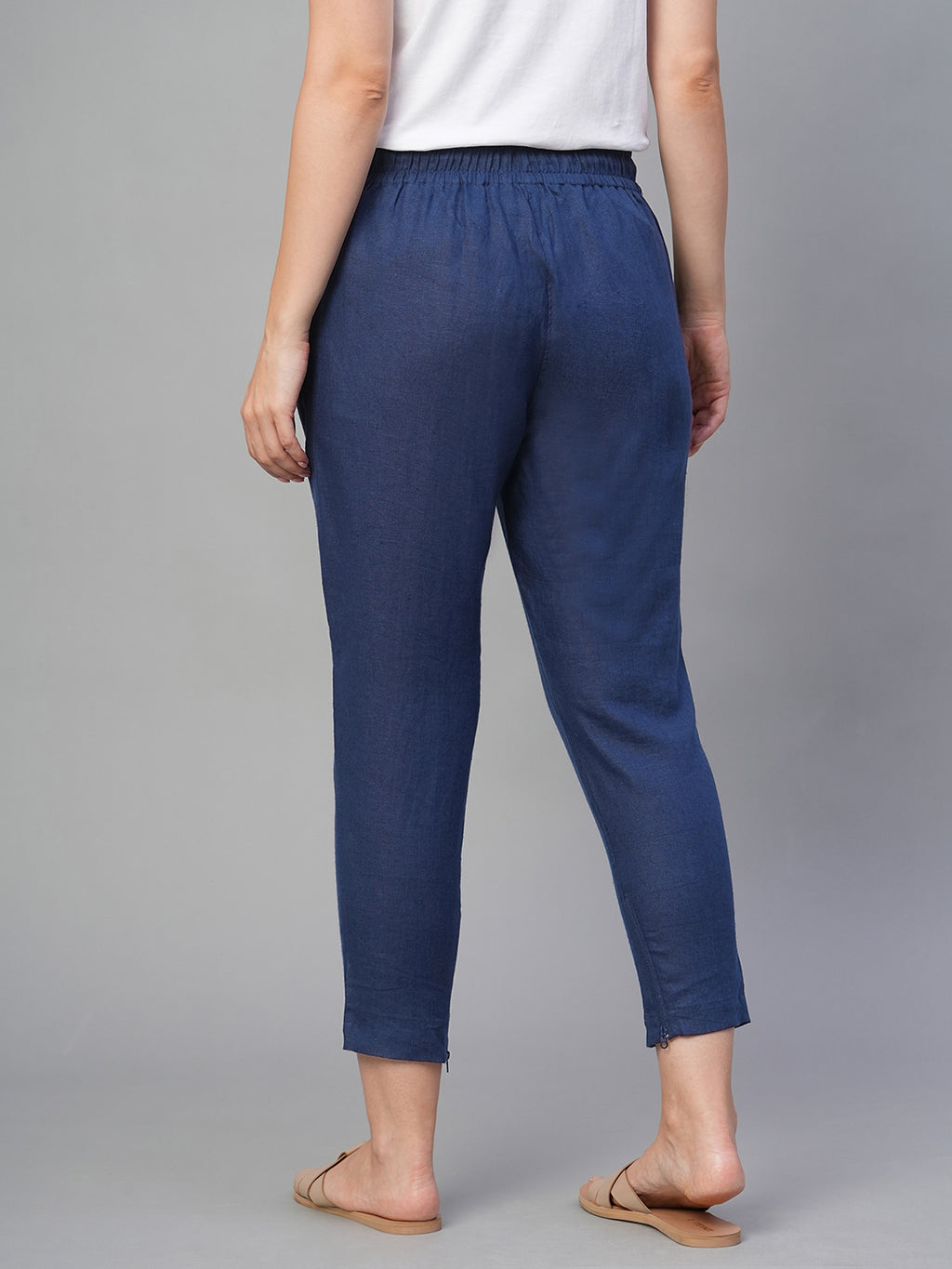 Women's Navy 100% Linen Slim Fit Pant