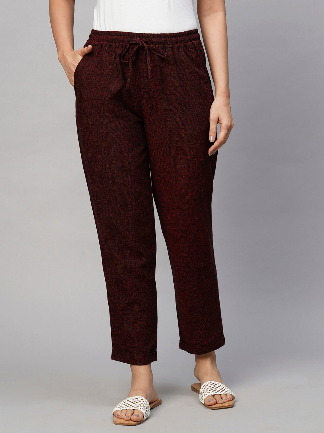 Women's Maroon/Red Viscose Linen Regular Fit Pant