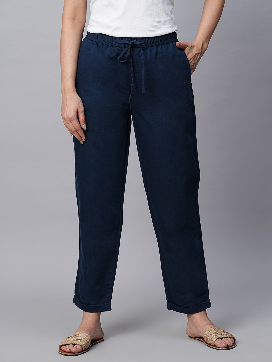 Women's Navy 1 Linen Cotton  Regular Fit Pant