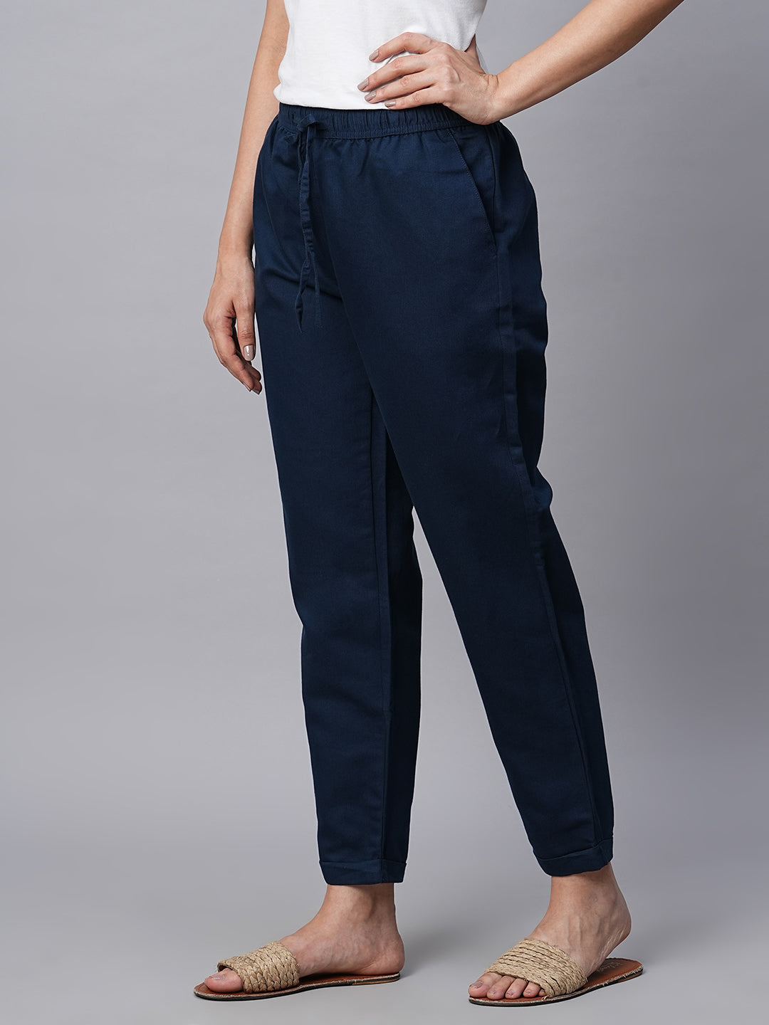 Women's Linen Cotton Navy 1 Regular Fit Pant