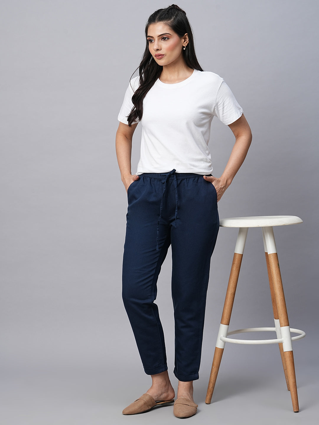 Women's Linen Cotton Navy/2 Regular Fit Pant